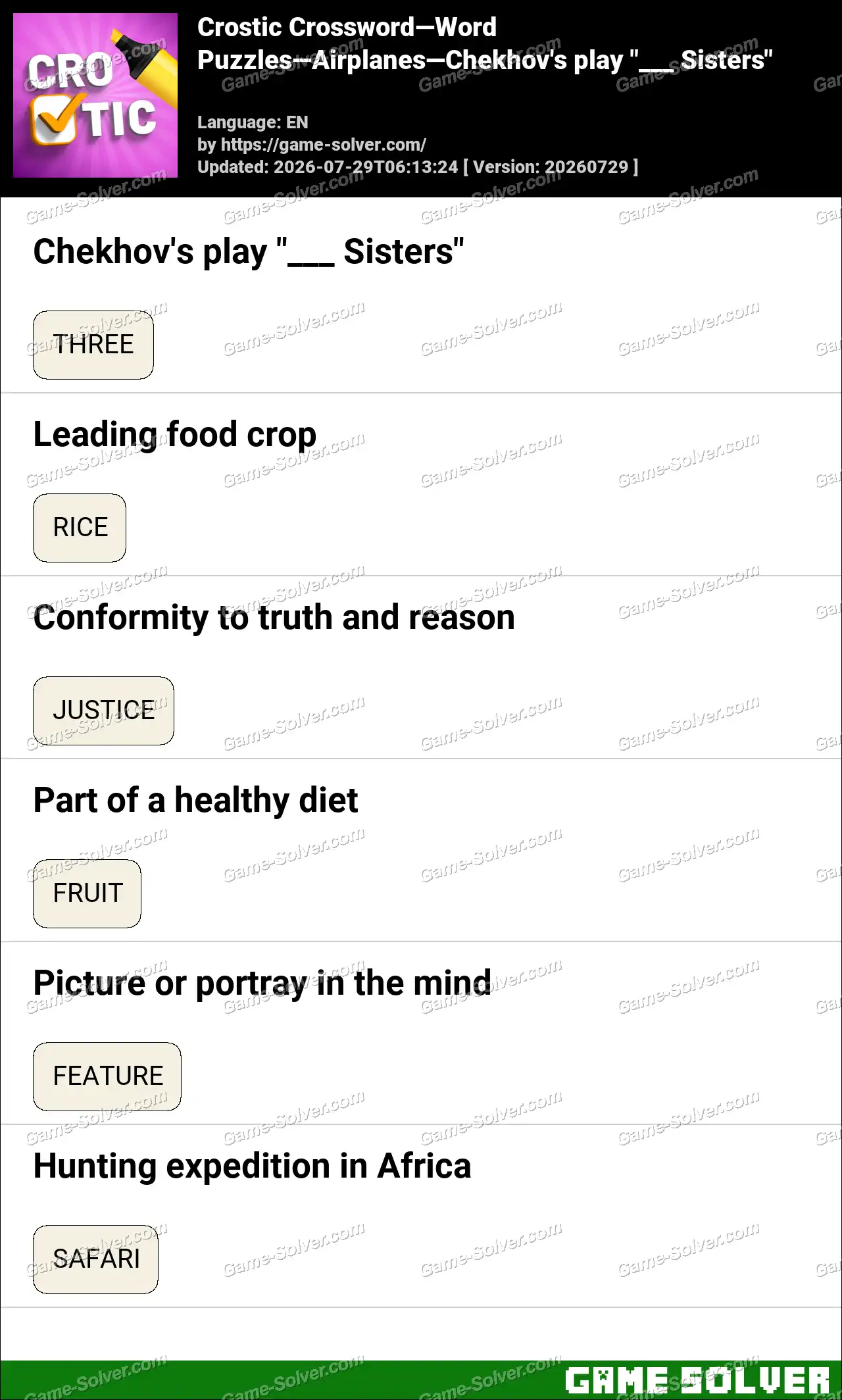 Crostic Crossword-Word Puzzles-Airplanes-Chekhov’s play "___ Sisters"